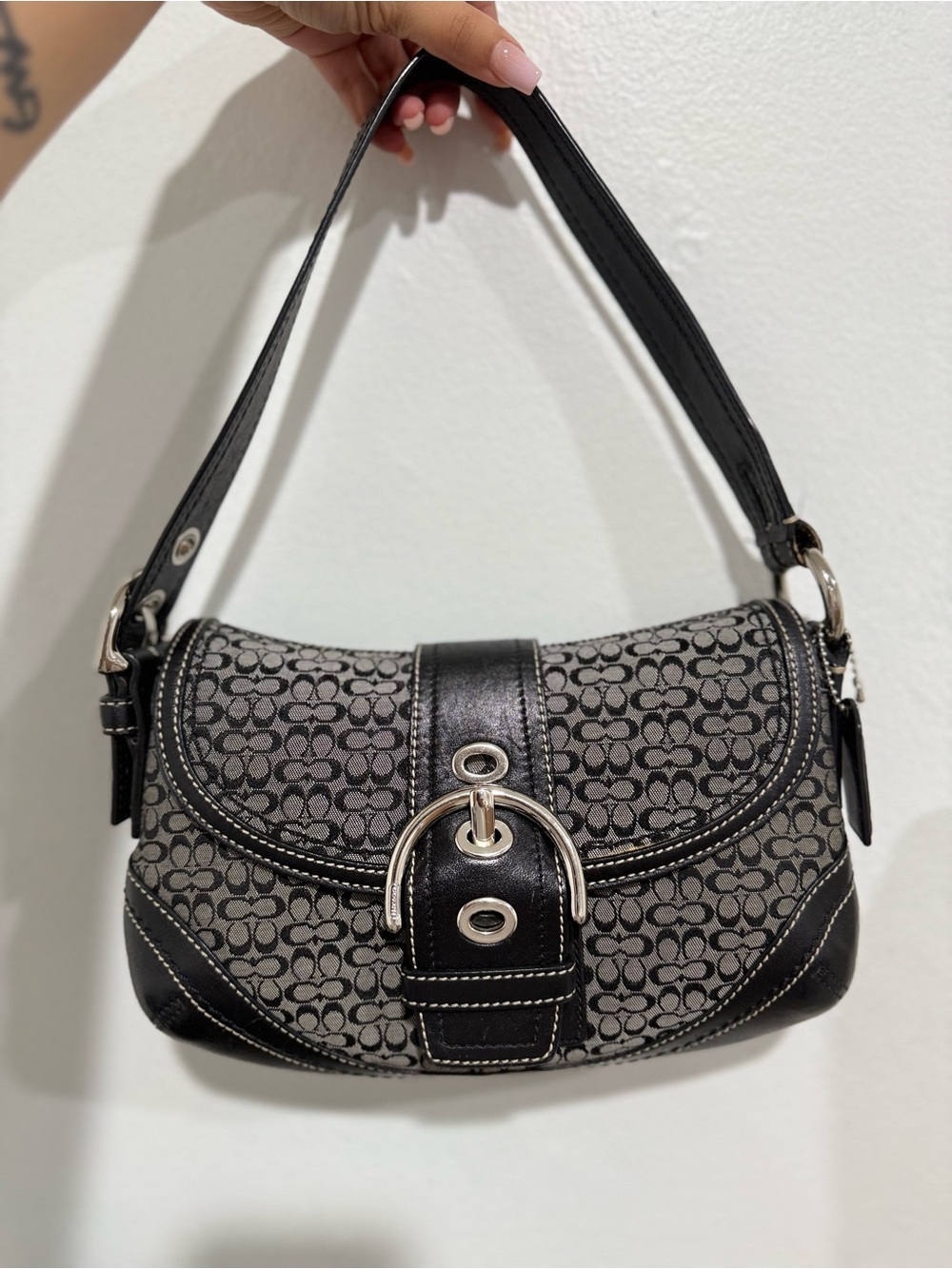 Coach Black and Gray Signature Mini Shoulder Bag with Silver Hardware